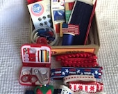 Vintage Treasure Box filled with Vintage Patriotic and RED, WHITE and BLUE Buttons, Trims, Sewing Kit, Notions and More - Inspiration Kit