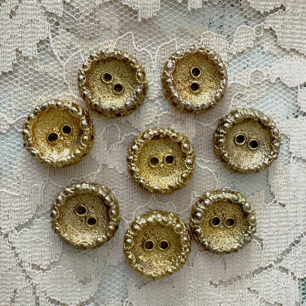 Vintage Gold Textured Metal Buttons - Set of 8 - Heavyweight, Striking Elaborate Design - Crafting, Sewing, Home Decor, Journal Closures