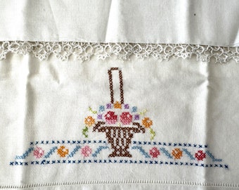 Vintage Set of 2 Cross Stitch Embroidered Pillow Cases - With Hand Tatting on Eges - Baskets with Pastel Flowers - To Use or Repurpose