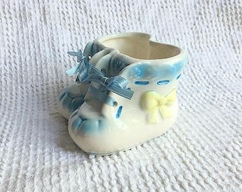 Vintage Baby Shoe Planter – White Porcelain with Blue Accents