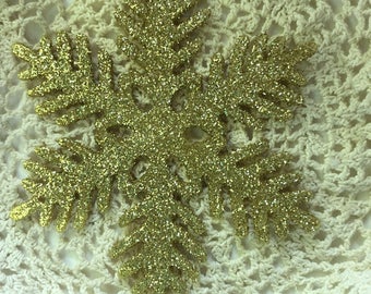 Vintage Gold Glittered Snowflakes - Set of 6 - Large 6" Snowflakes - Christmas Winter Ornaments, Package Tie On, Crafting, Decor