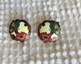 Vintage Cloisonne Butterfly and Flower Earrings - Pierced Post Style Earrings - Enamel Earrings in Pretty Jewel Tones