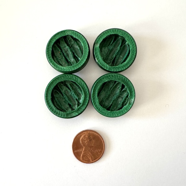 Vintage Green Buttons - Large Uniquely Textured and Contoured Buttons - Set of 4 - Mid Century Plastic or Celluloid Shank Buttons