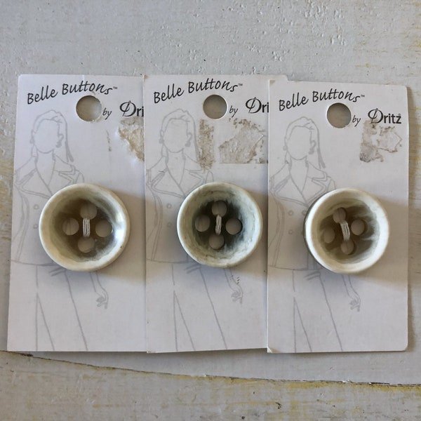 Large Focal Buttons- White with Marbled Tan or Olive Green Centers and 4 Large Center Holes - Set of 3 on 3 On Original Cards