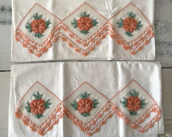 Vintage Pair of Pillow Cases with Elaborate Peach and Green Crochet Flower Edging - Unused Beautiful Set