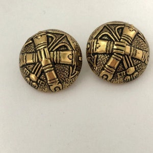 Vintage Buttons - Gold Brass Pressed Metal Buttons - Set of 2 Large Dome Buttons with Striking Nautical Design and Black Antiquing Accents