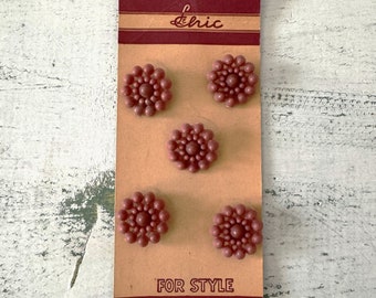 Vintage Button Card with 5 Ornate Celluloid Dusty Rose Pink Colored Buttons - Very Unique, Special Buttons for Sewing, Crafting, Collecting