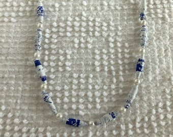 Vintage Paper Bead Necklace - Blue and White with Pearls - 29 Inches Long - Wear, or Use the 24 Paper Beads to Make Jewelry, Journal Dangles