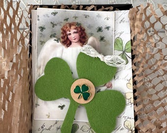 Shamrock Jewelry Tack Pin Lovingly Packaged with Felt Shamrock and Choice of Adorable Vintage Image - St Patrick's Day Gift Idea
