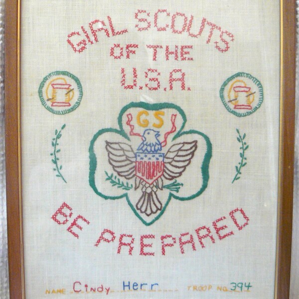 Vintage Girl Scout Embroidered Wall Hanging- Framed- so nostalgic