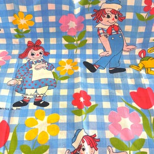 Vintage Raggedy Ann Fabric - Bobbs Merrill 1978 Rare Fabric - Half Yard 18 x 44 Inches - Blue Checks and Flowers with Raggedy Ann and Andy