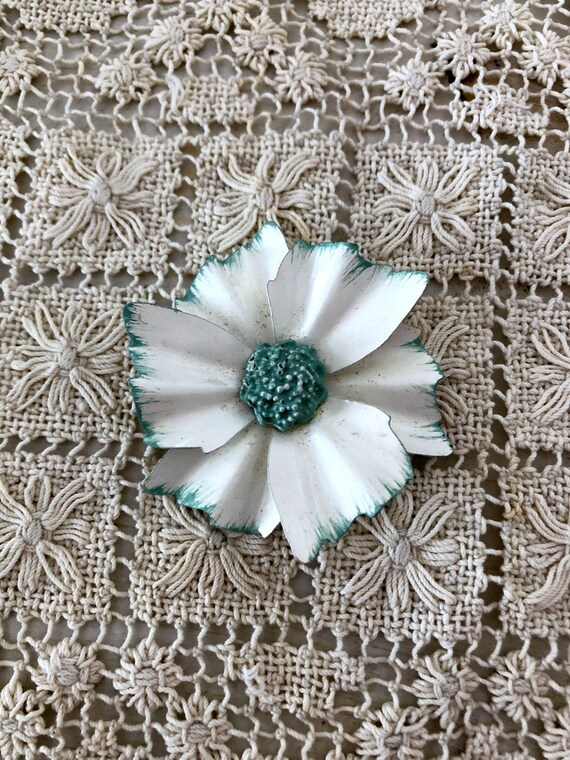 Vintage Large Enamel Flower Brooch - White Petals… - image 3