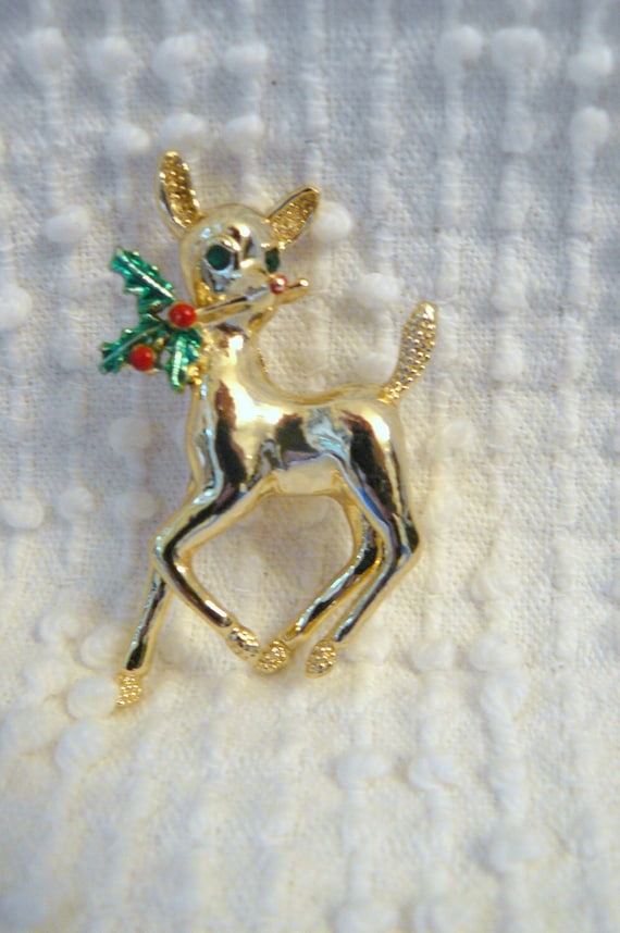 Vintage Gold Christmas Deer Brooch with Enamel Hol