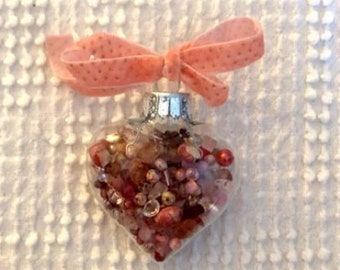 Glass Heart Shaped Ornament Filled with Gorgeous Pink and Red Beads - Velvet Bow - A Sweet Gift for a Beader, Crafter, Friend, Mom