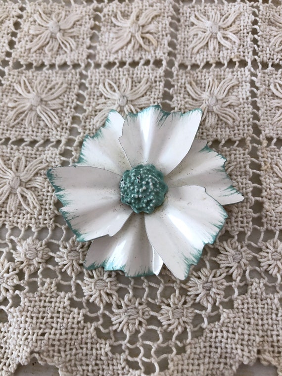Vintage Large Enamel Flower Brooch - White Petals… - image 2