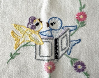 Vintage Large Linen Towel with Embroidered Birds - Cute Functional Vintage Kitchen Decor or Repurpose Embroidery for Vintage Crafting