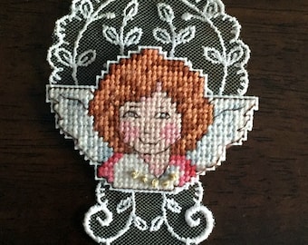 Vintage Handmade Pin Brooch with Embroidered Angel and Lace - Angel Brooch - Cross Stitch Angel - Fabric Brooch, Embellishment