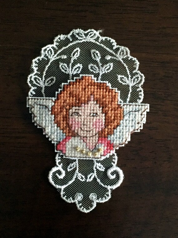 Vintage Handmade Pin Brooch with Embroidered Angel