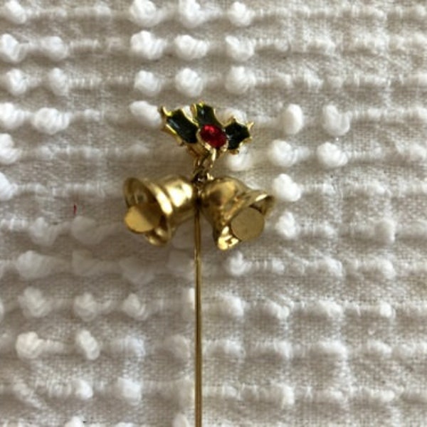 Vintage Christmas Gold Stick Pin With Gold Bells and Rhinestone Holly - A Fun Accent for a Scarf - A Great Vintage Christmas Gift Idea