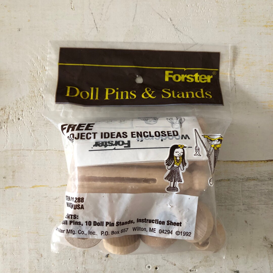 Wood Doll Clothes Pins With Stands Set of 10 in Original Package With