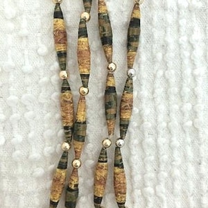 Vintage Paper Bead Necklace - Green and Tan with Gold Accents - 30 Inches - Wear or Use the 27 Paper Beads to Make Jewelry, Journal Dangles