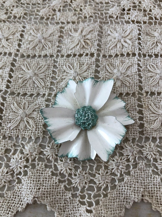 Vintage Large Enamel Flower Brooch - White Petals… - image 1