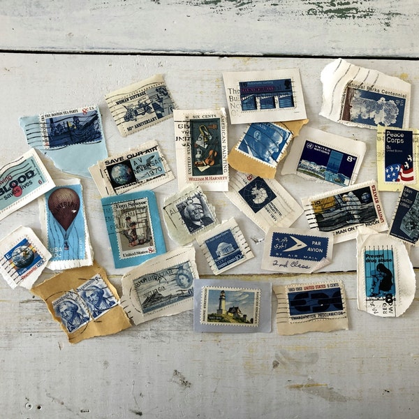 Vintage Cancelled US Postage Stamps - Fun Mix of 24 BLUE Stamps from the 1940s - 1980s - Ephemera, Paper Crafting, Junk Journals, Collecting