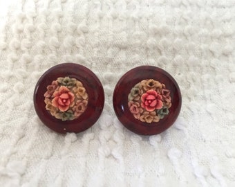 Vintage Floral Clip-On Button Style Tortoise Shell Earrings with Pink Roses - To Wear, Gift, Repurpose into Lovely Vintage Embellishments