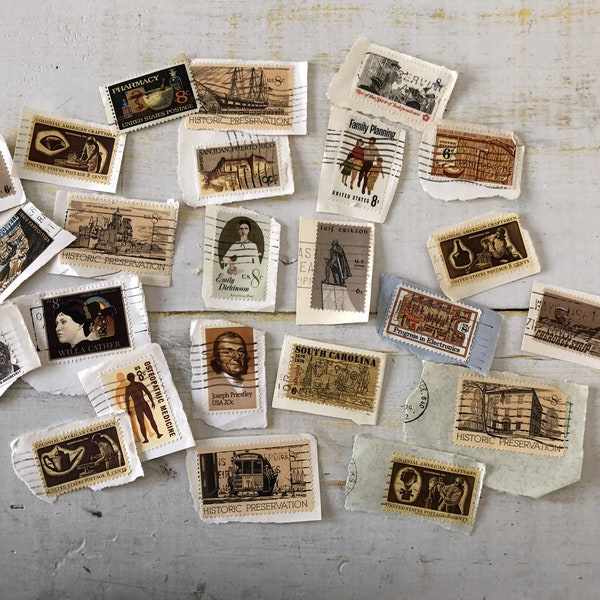 Vintage Cancelled US Postage Stamps - Fun Mix of 24 BROWN and TAN Stamps from the 1940s - 1980s - Ephemera, Paper Crafting, Junk Journals,