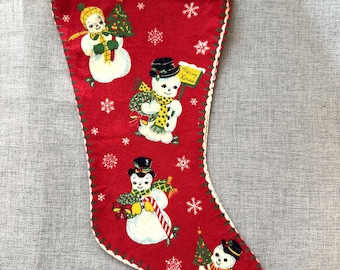 Vintage Felt Christmas Stocking with Snowman Print - From 1950s