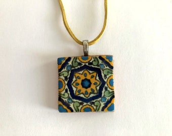 Mexican Tile Necklace on Adjustable Leather Cord - Colorful Navy, Green and Mustard Yellow Clay Tile Made into Fun Necklace