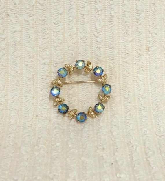 Blue and Opal Glass Rhinestone Small Midcentury Circle Brooch