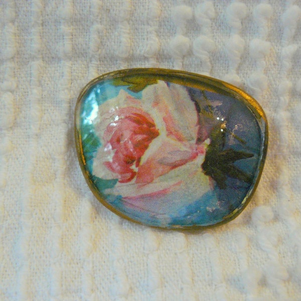 Vintage Brooch fashioned from a Handpainted Eyeglass Lens - beautiful pink and white rose - very unique