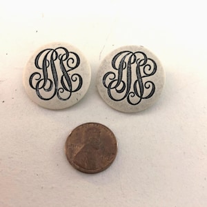 Vintage Buttons - Unique Set of 2 Large Ivory Off White Buttons with Black Design - Collectible Heirloom Buttons - Knitting Accessories