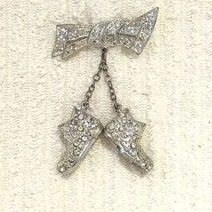 Vintage Rhinestone Brooch - Bow Shape with Rhinestone Shoes or Booties Dangling From Chain - Very Unique Vintage Gift - Baby Shoe Brooch