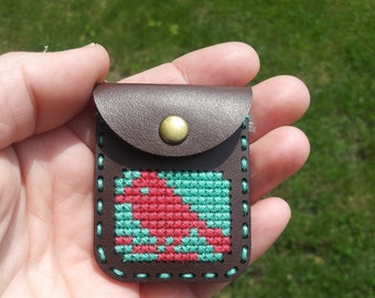 Vegan Leather Cross Stitch Bird Pouch Necklace