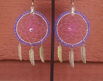 Dream catcher earrings with glass bead edging