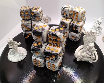 Inky Marble | 10 Dice set, Acrylic Dice, D6 set, black, white, tabletop dice, DnD, Pathfinder, Dungeons and Dragons, Warhammer