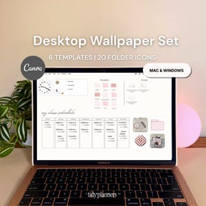 May include: A laptop screen displaying a desktop wallpaper set with 6 templates and 20 folder icons. The screen shows a class schedule, a clock, and various pink patterned folder icons. Text includes Desktop Wallpaper Set, 6 TEMPLATES | 20 FOLDER ICONS, Canva, MAC & WINDOWS, and tidy planners.