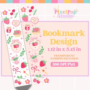 Op de afbeelding: Een wit boekenleggerontwerp met een herhalend patroon van aardbeien, bloemen en harten. De boekenlegger is 2,84 cm breed en 13,08 cm lang. Het ontwerp bevat de tekst "Love You Berry Much".