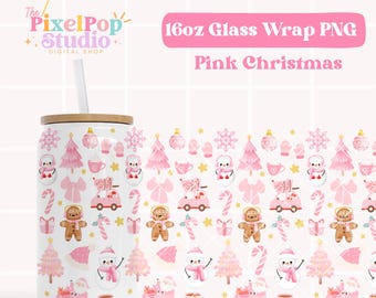 Pink Christmas Cup Wrap png, Libbey 16oz Can Glass, Christmas Libbey Coffee Cup, Glass Full Wrap png, Sublimation png, Cute Christmas Design