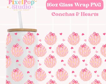 Concha Hearts Cup Wrap png, Libbey 16oz Can Glass, Valentine Libbey Coffee Cup, Coquette Bows png, Sublimation png, Valentine's Day Design