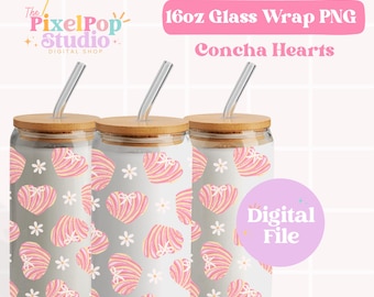 Concha Hearts Cup Wrap png, Libbey 16oz Can Glass, Valentine Libbey Coffee Cup, Glass Full Wrap png, Sublimation png, Valentine's Day Design