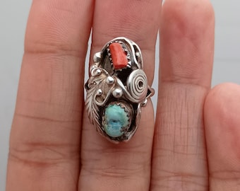 Turquoise/coral sterling native ring.