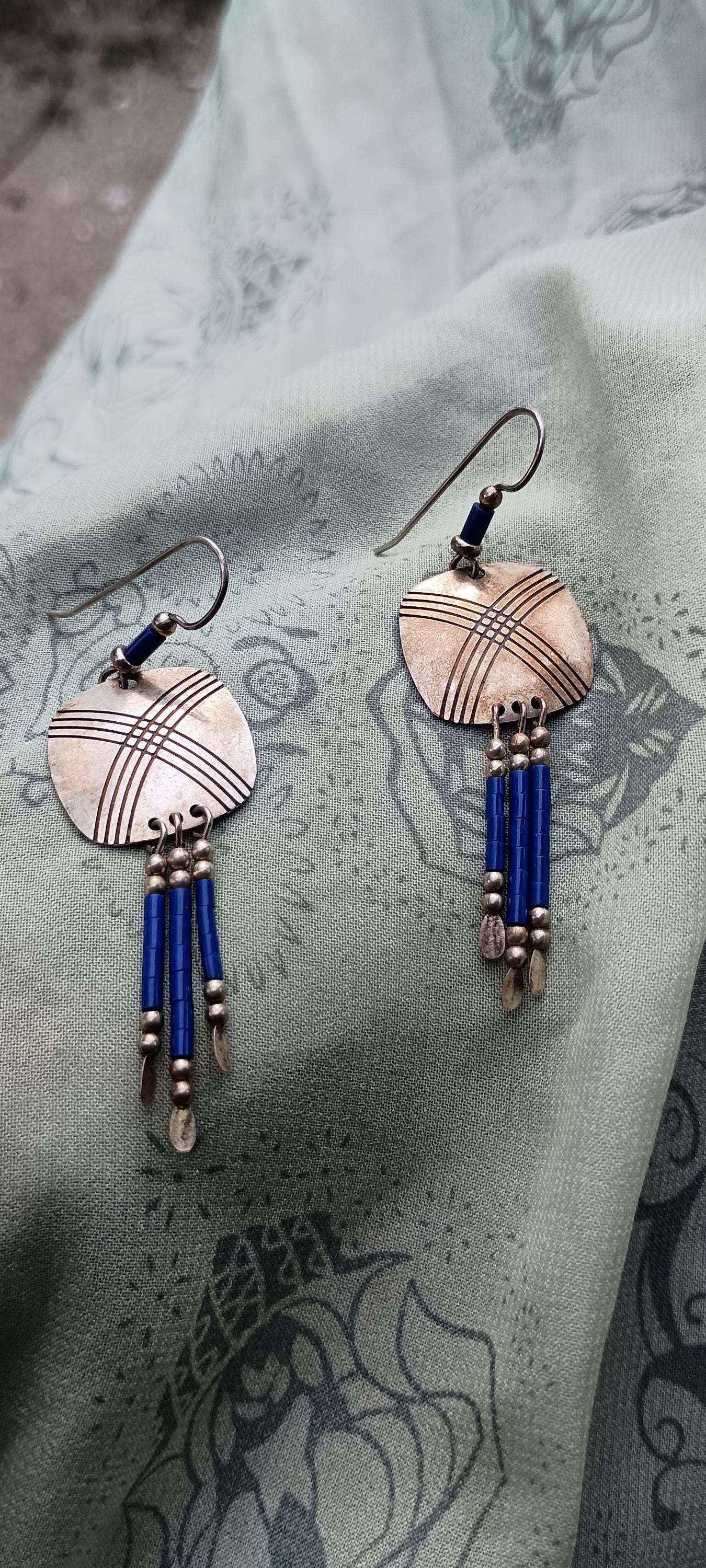 Boucles D'oreilles Argent Et Lapis-lazuli Style Amérindien - Occasion, Sans Marque