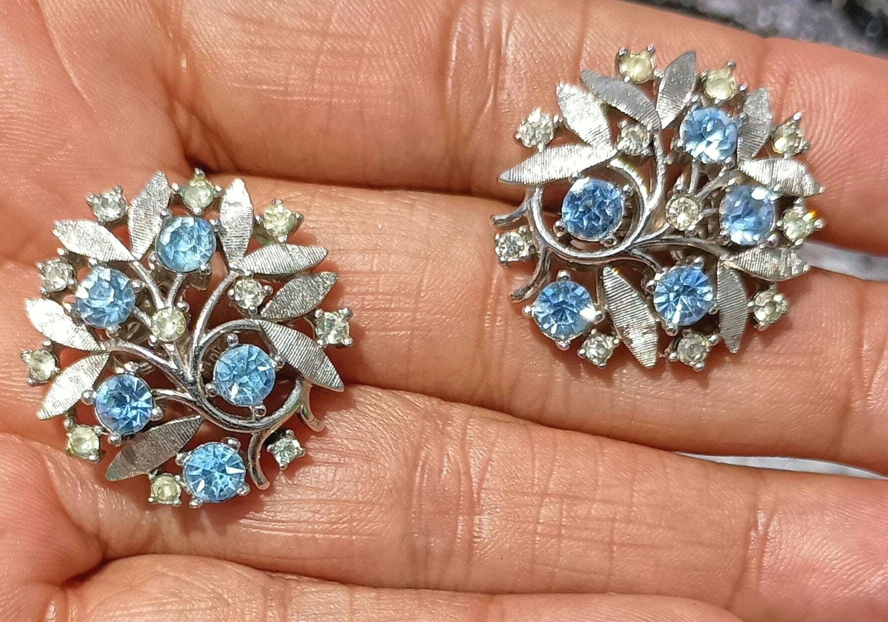 Blue and clear rhinestone crystal, Crown Trifari clip on earrings.