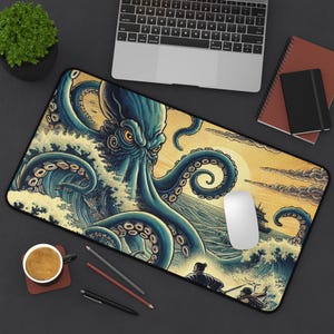 Ocean-Themed Desk Mat, Nautical Keyboard Pad, Gaming Mouse Pad, Home Office Decor, Unique Gift for Sea Lovers, Kraken, octopus