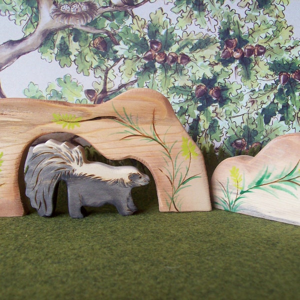 Little Skunky with his big hollowed out tree trunk - Waldorf Inspired Natural Wooden Nature Toys