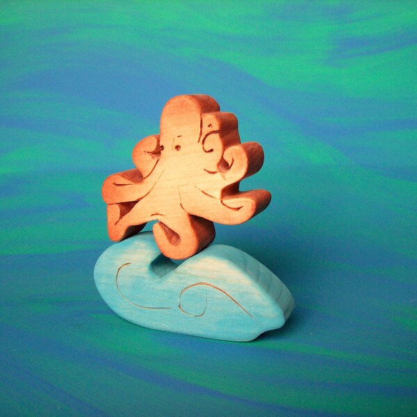 Waldorf Inspired Wooden Nature Toys - Mr. Octopus with his rolling blue wave to play on