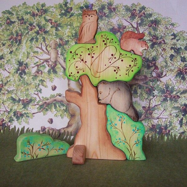 Forest Animals Play Set - Waldorf Wooden Nature Toy Puzzle Stacker - 7 pc set